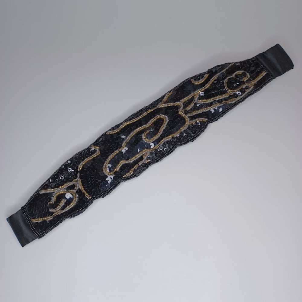 Vintage La Rue Black Gold Sequined Satin Belt M/L